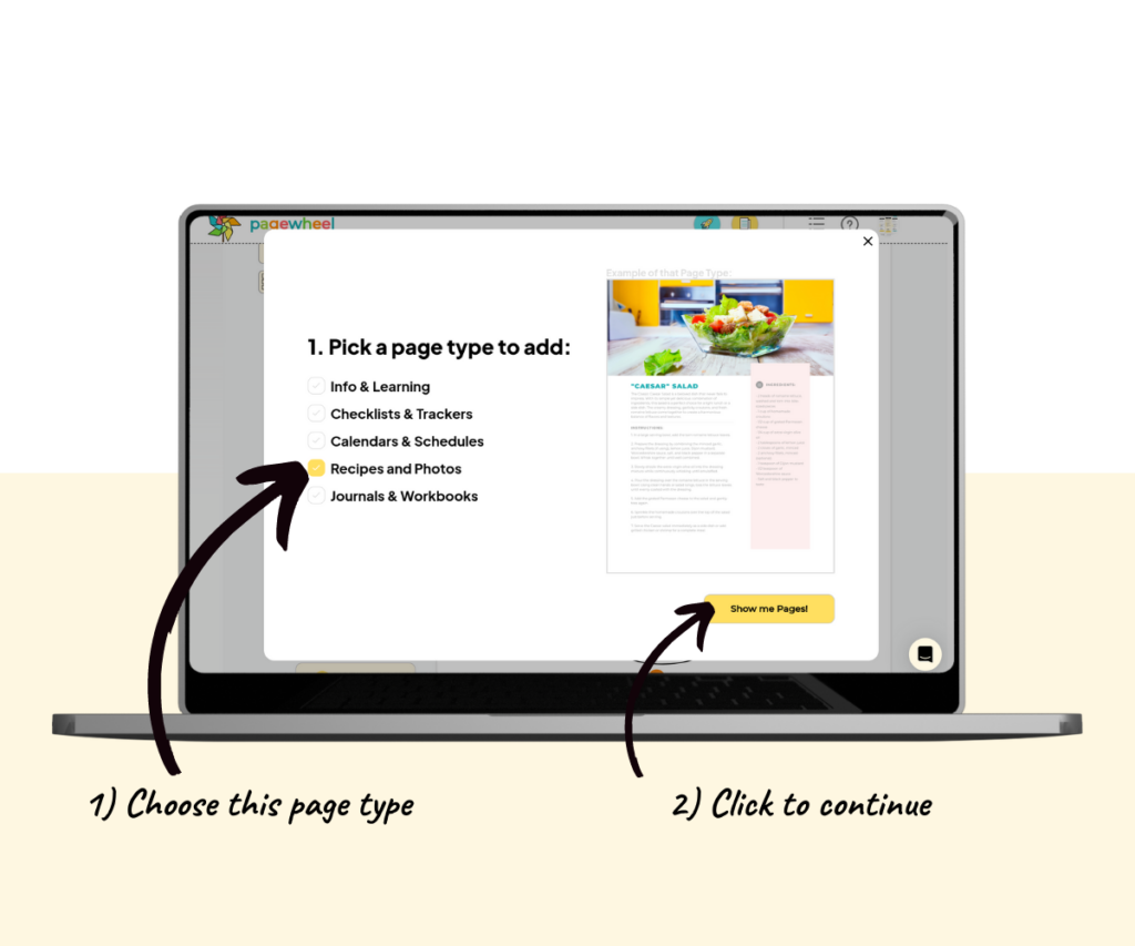 An annotated screenshot showing how to choose the correct page type.