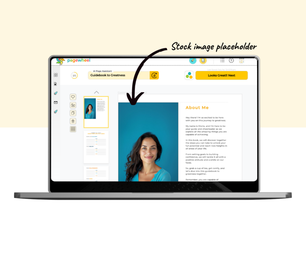 An annotated screenshot of an “About Me” page layout with stock image placeholder.