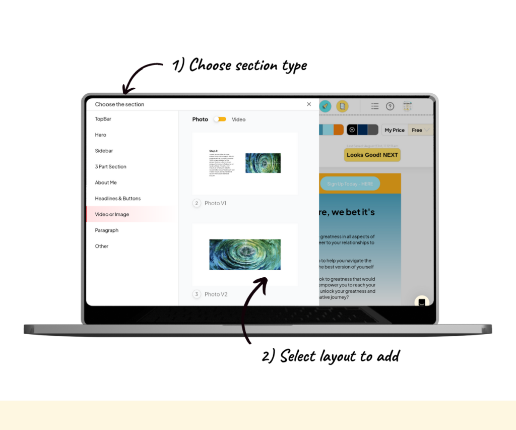 An annotated screenshot showing how to add a new section to a website page. 
