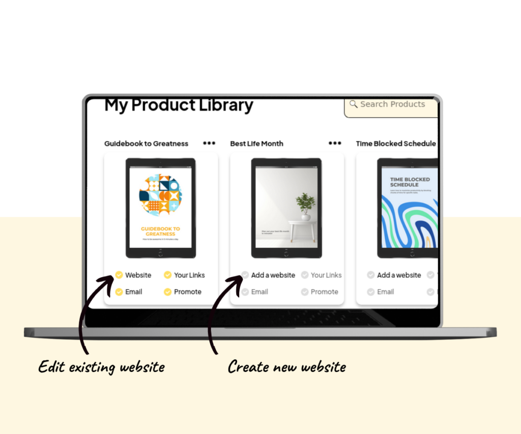 An annotated screenshot showing how to create or edit a product’s website.