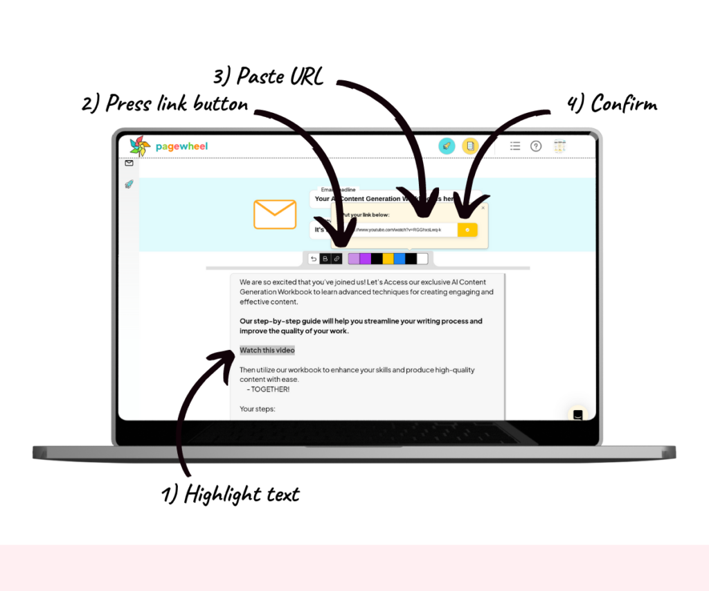 An annotated screenshot showing how to add a link. 