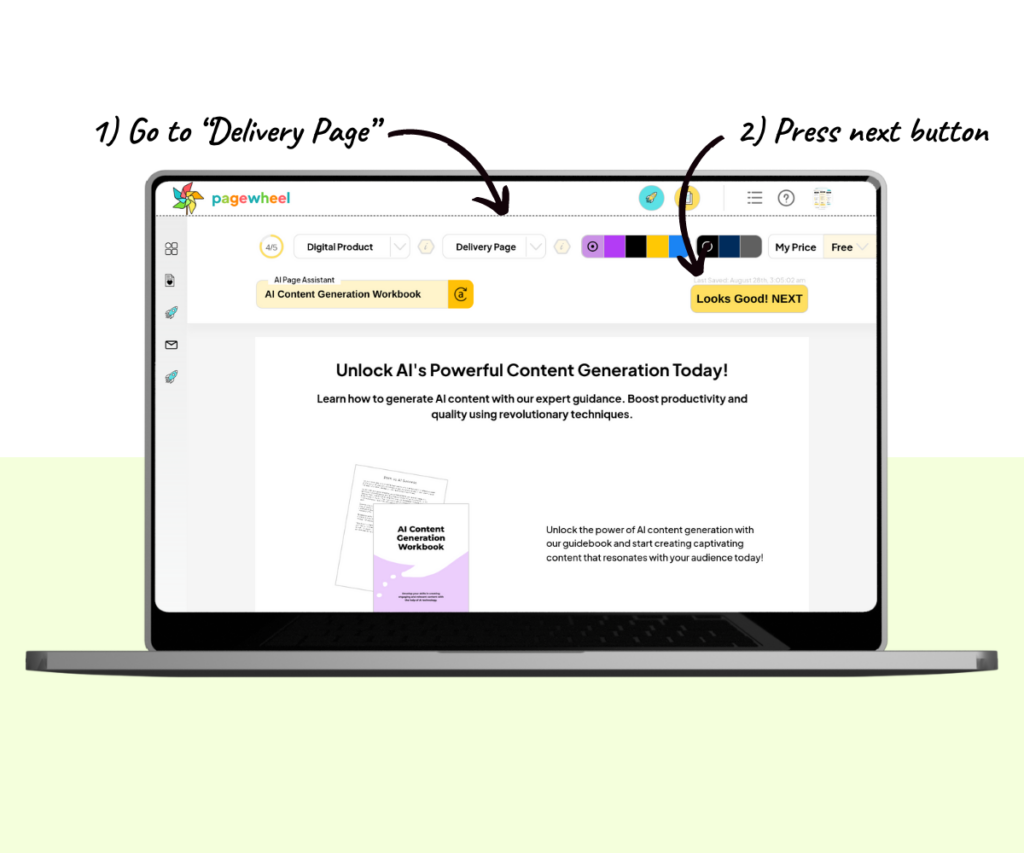 An annotated screenshot showing how to continue from the Delivery Page Editor to the metadata box.