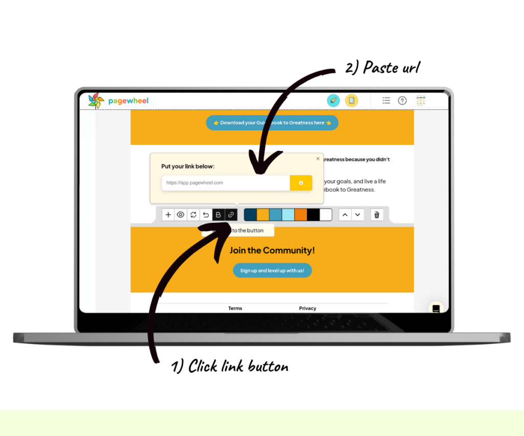 An annotated screenshot showing how to add a link to the button. 