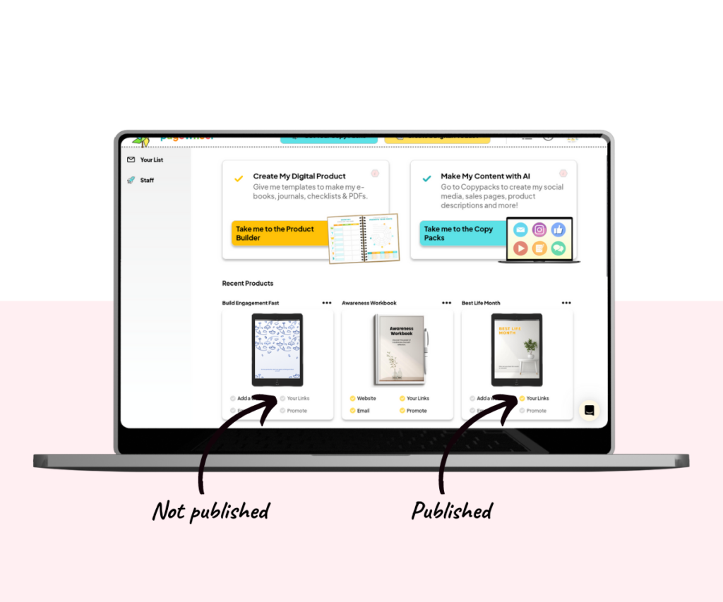 An annotated screenshot showing how to tell the difference between a published and unpublished product from the product listing.