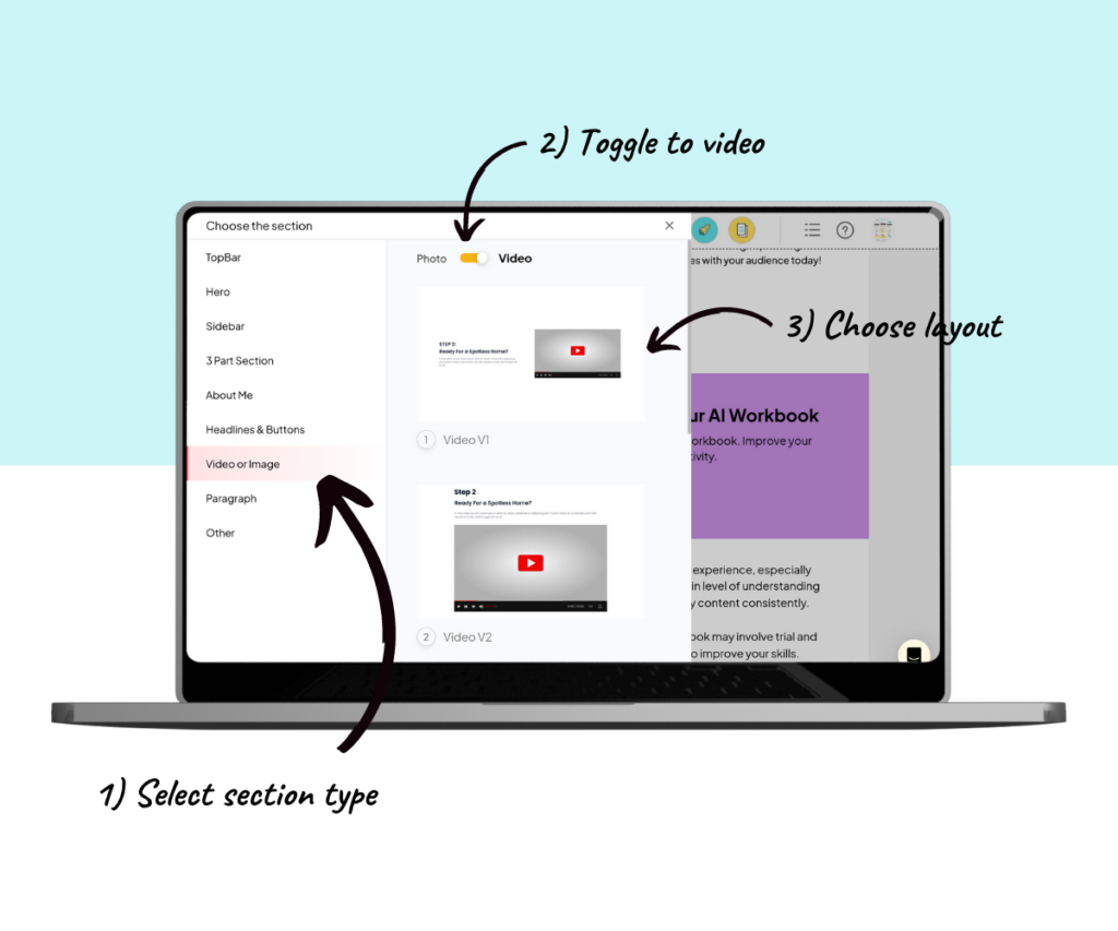 An annotated screenshot showing how to insert a video section layout. 