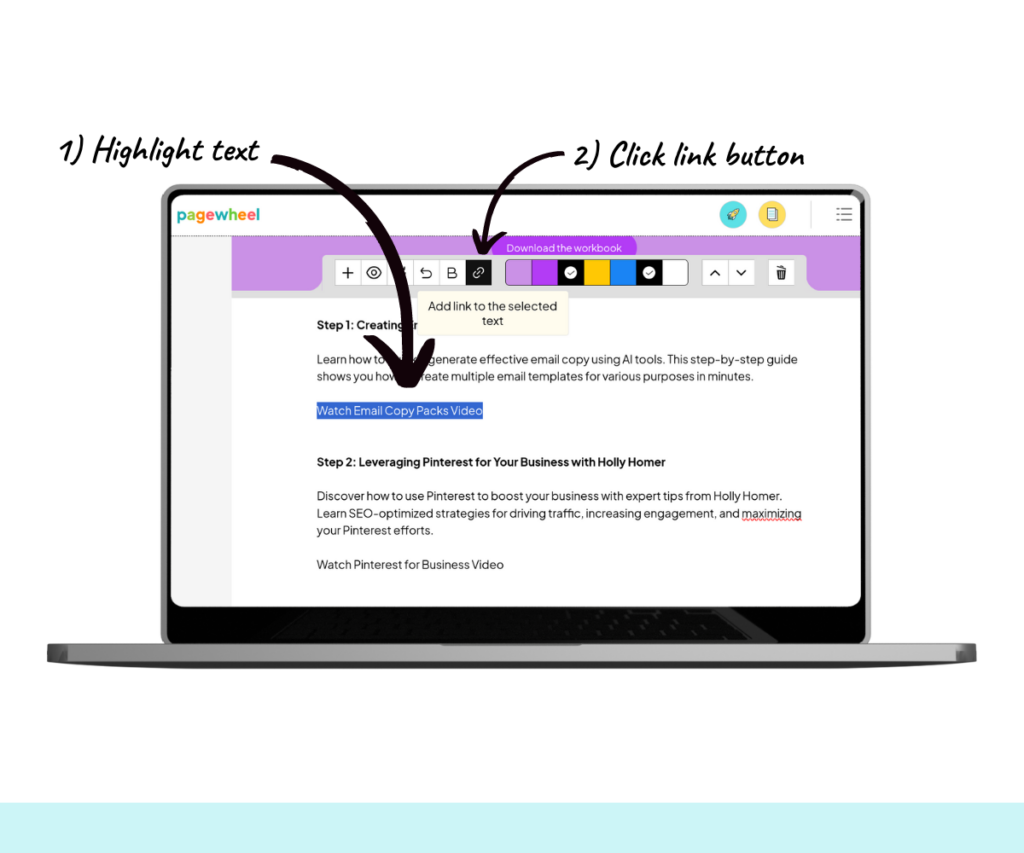 An annotated screenshot showing how to add text-based links.