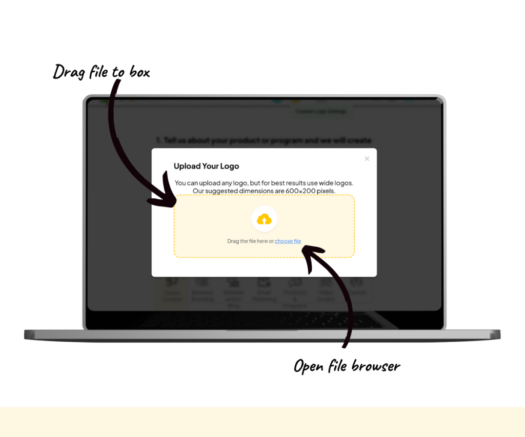 An annotated screenshot showing how to upload a custom logo.