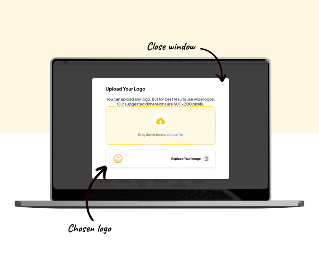 An annotated screenshot of the logo upload window after uploading a logo. 