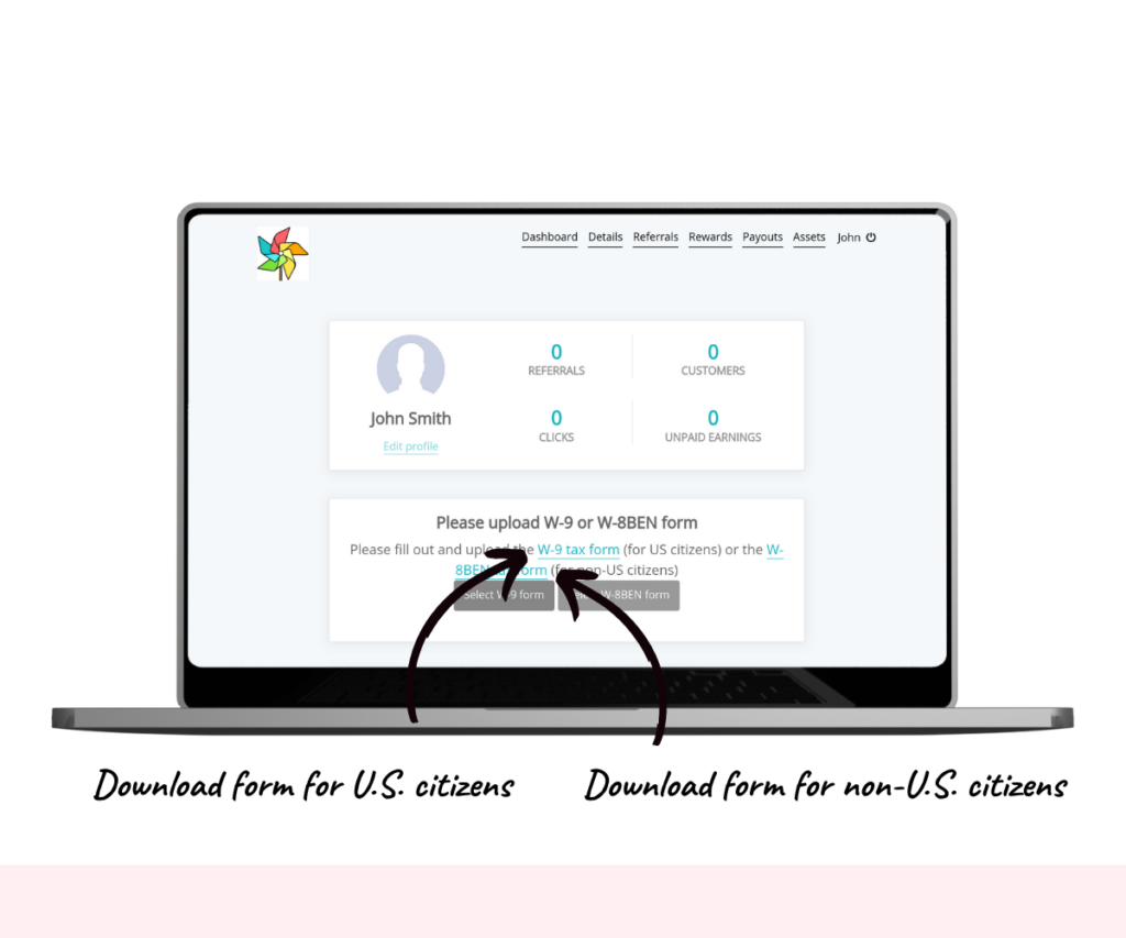 An annotated screenshot showing how to download the tax form.