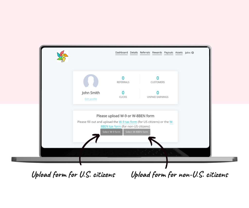 An annotated screenshot showing how to upload your tax form. 