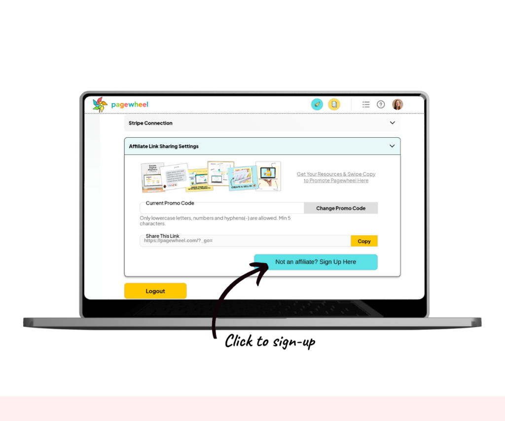 An annotated screenshot showing where to click to sign-up to Pagewheel’s affiliate program.