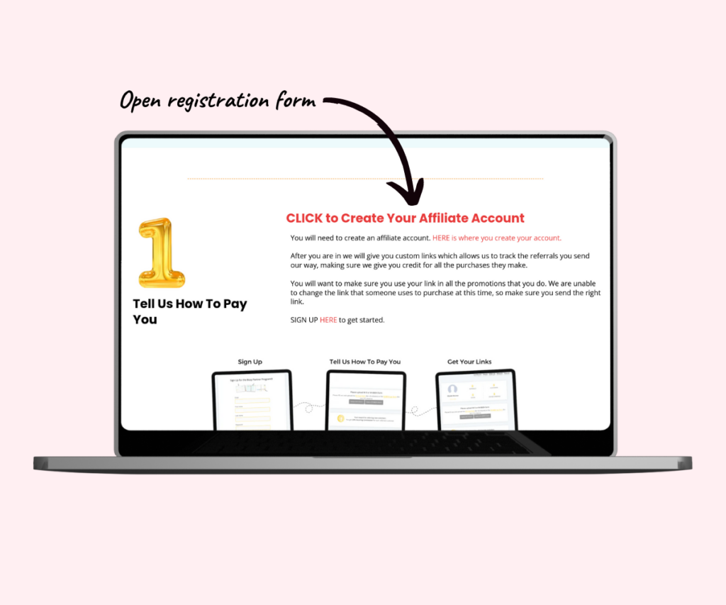 An annotated screenshot showing where to click to open the affiliate registration form.