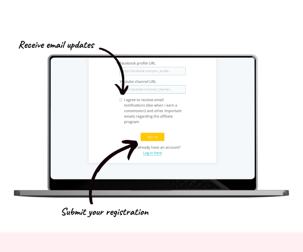 An annotated screenshot showing how to submit your affiliate registration form. 