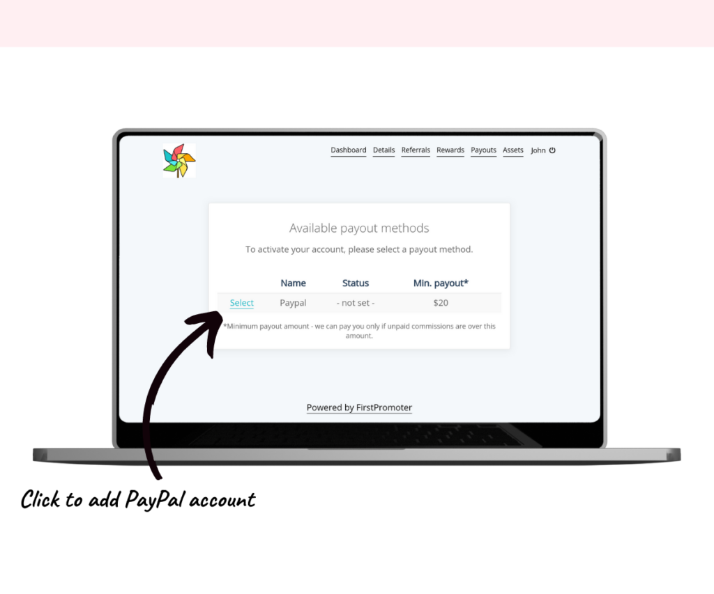 An annotated screenshot showing where to click to add a PayPal account. 