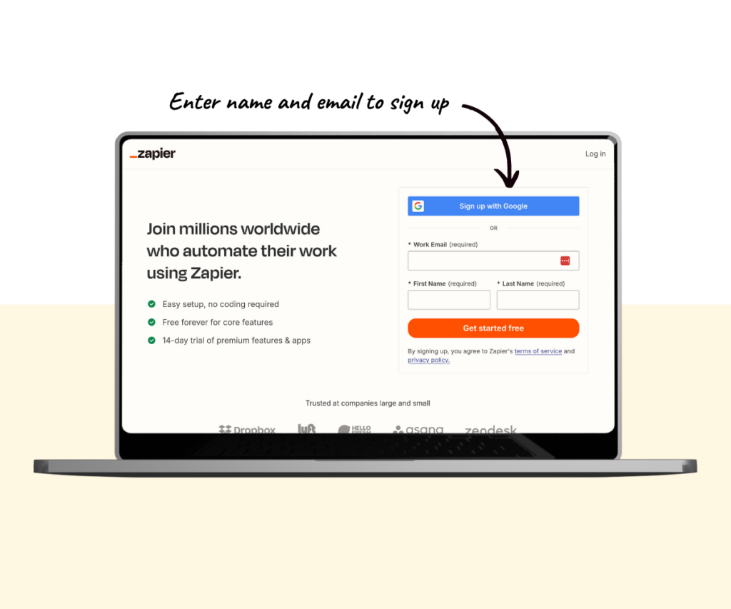 An annotated screenshot showing how to sign up for a Zapier account. 