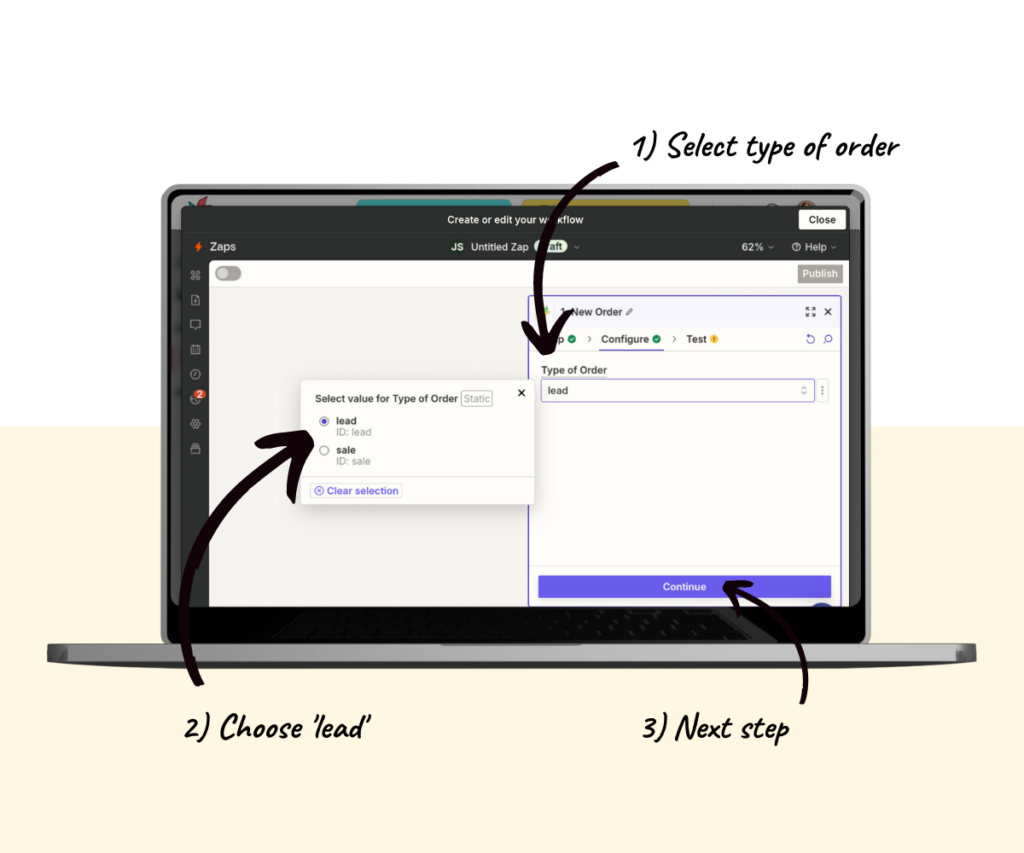 An annotated screenshot showing how to select the ‘lead’ order type. 