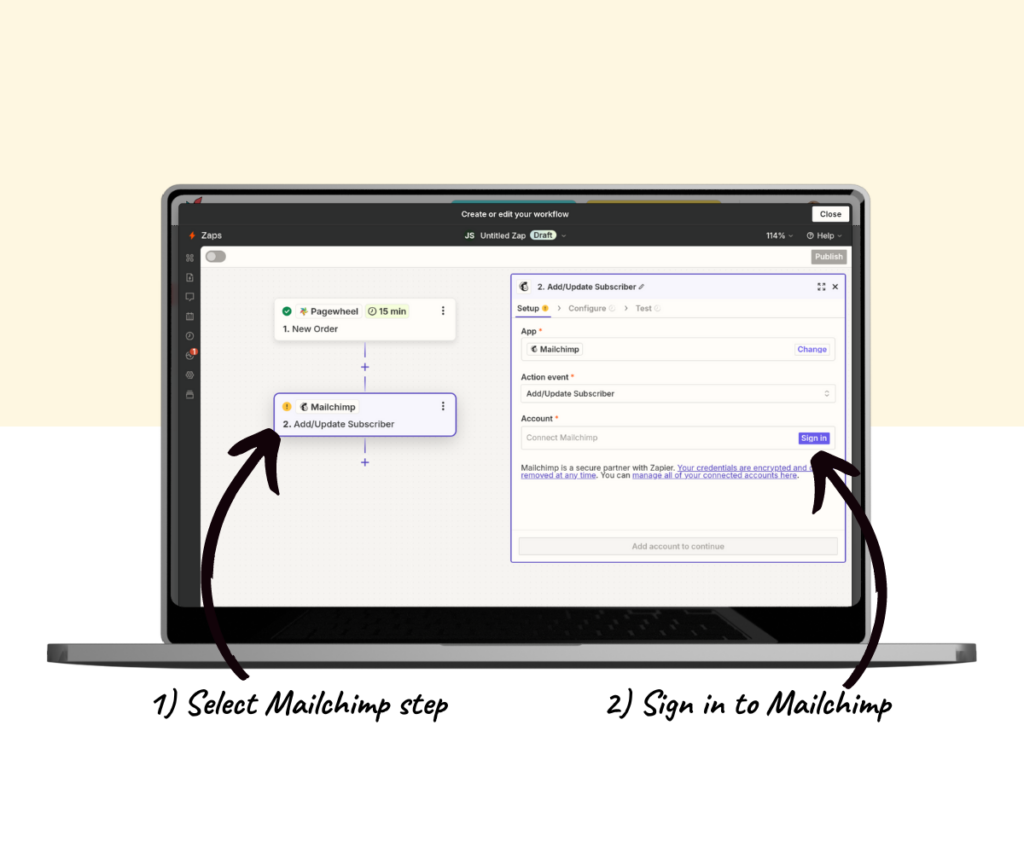 An annotated screenshot showing how to select the Mailchimp event and sign into your account. 