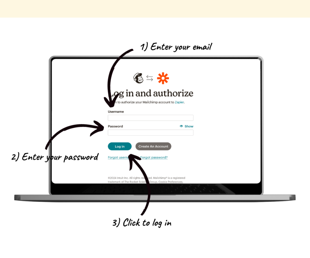 An annotated screenshot showing how to add login to Mailchimp. 