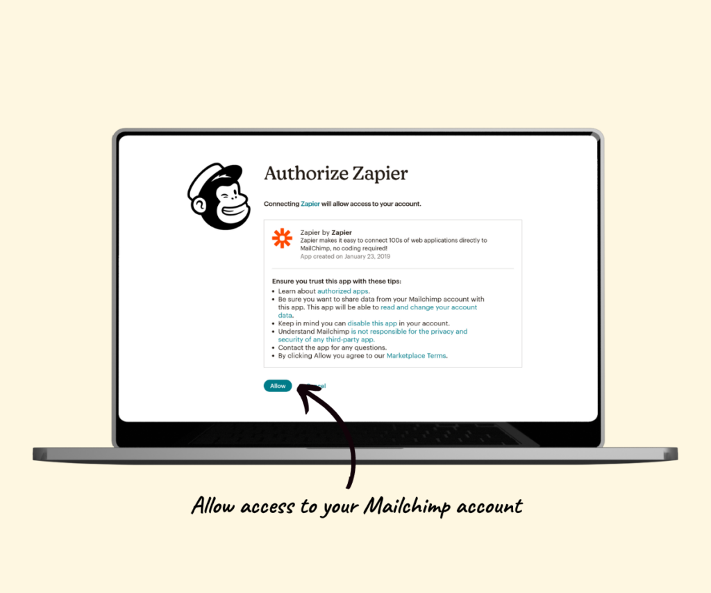 An annotated screenshot showing  how to authorize the connection between Zapier and Mailchimp. 