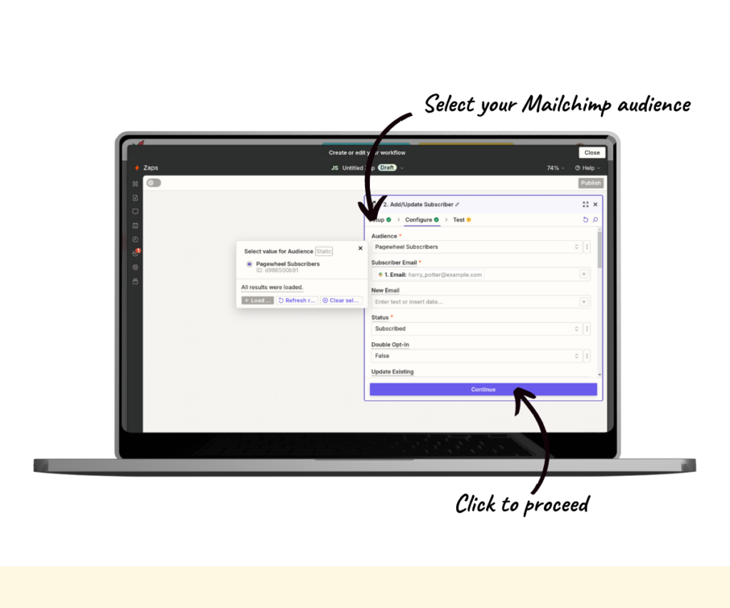 An annotated screenshot showing how to select your Mailchimp audience. 