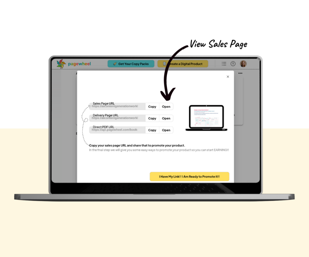 An annotated screenshot showing how to open the Sales Page of a product. 