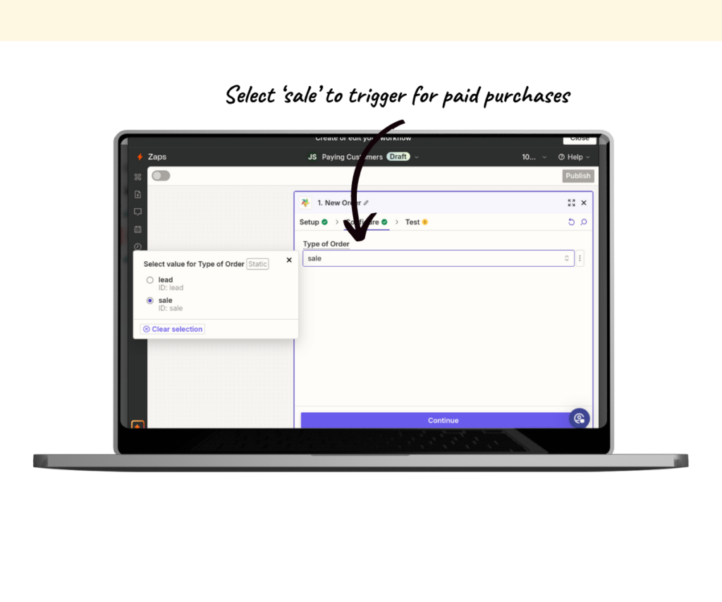 An annotated screenshot showing how to set up a workflow for paid purchases. 