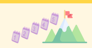 Calendar icons numbered one through 5 angling upward alongside a mountain with a flag at the peak, on a pale yellow background.