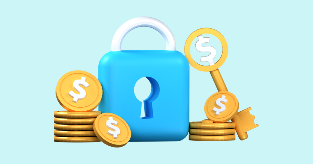 Graphic of a blue lock and gold key with stacks of gold coins with dollar signs on them.