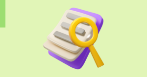 Magnifying glass on a clipboard graphic with the text